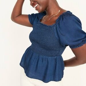 ON Smocked Chambray Puff Sleeve Blouse Square Neckline Peplum Hem Lightweight